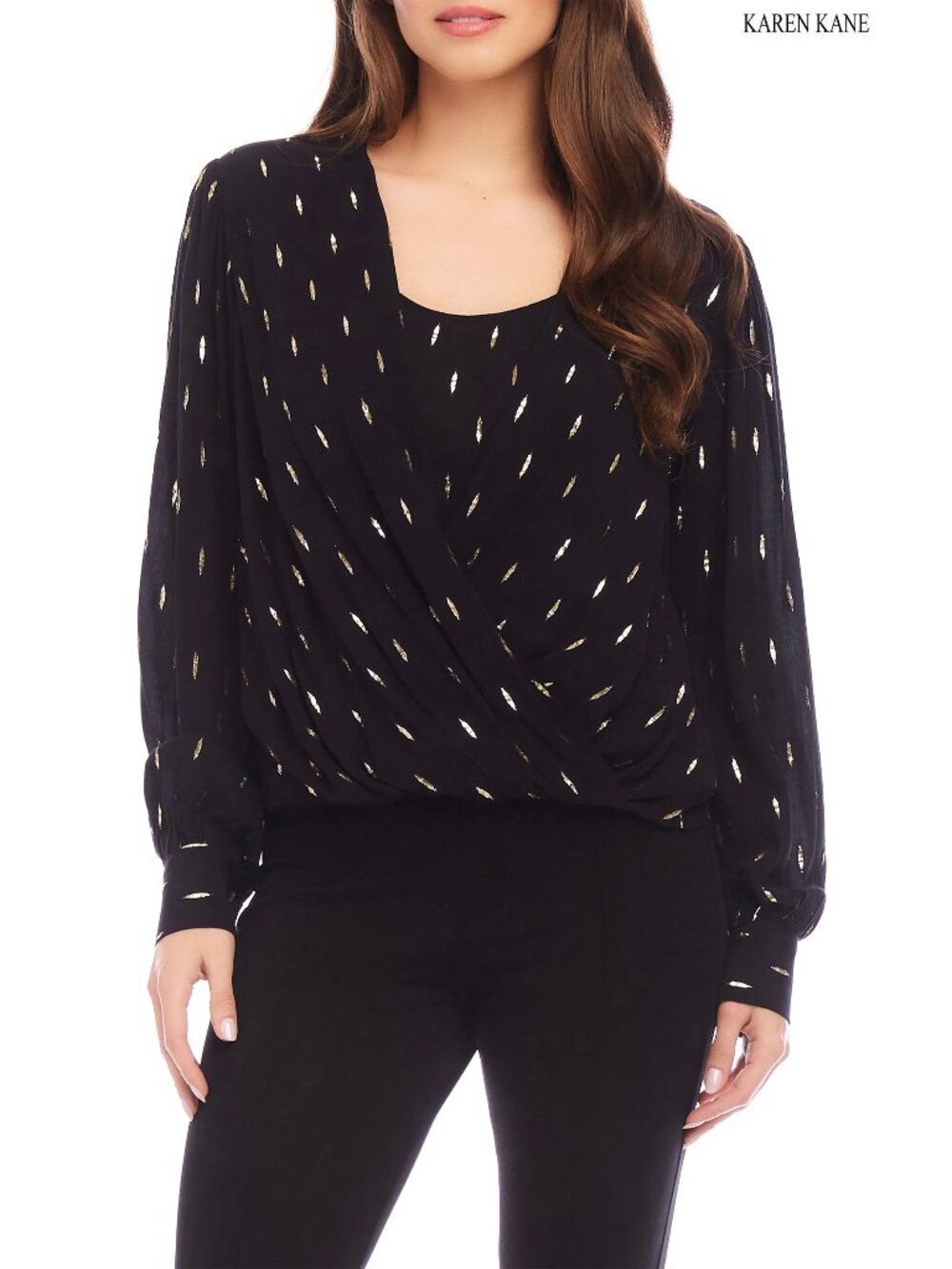 KAREN KANE NEW LONG SLEEVE METALLIC DRAPE FRONT BLACK RAYON TOP. SIZE S